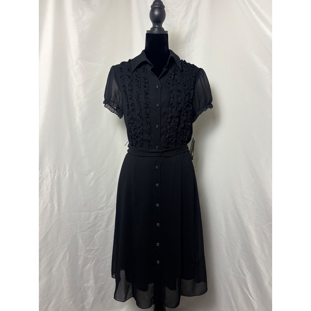 I.N. Studio Black Chiffon Ruffle Button Front Midi Dress Short Sleeve NWT